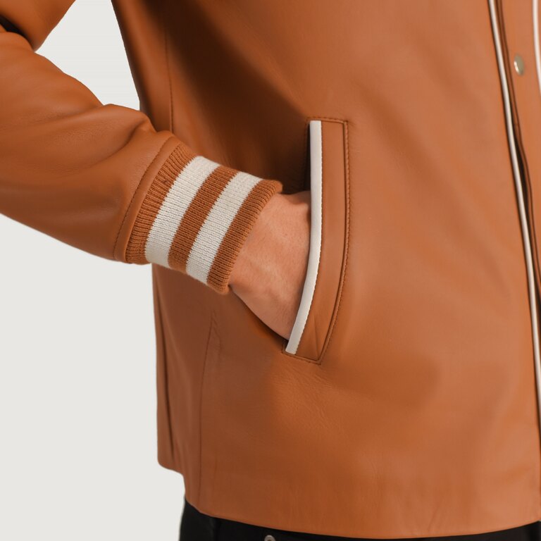 Mens Willis Tan Brown Leather Varsity Jacket Close-Up-9-1704121915275